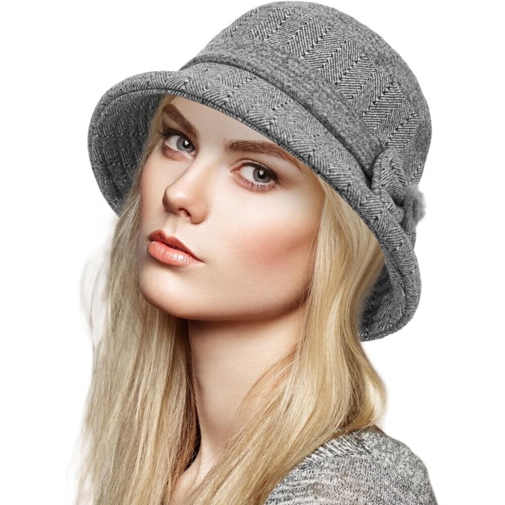 🆕Coloursun Vintage Cloche Bowler Women Grey Winter Warm  Fashion Bucket Hat